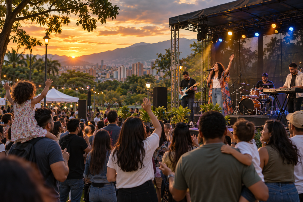 Festival de música gospel al aire libre con familias y artistas en Medellín