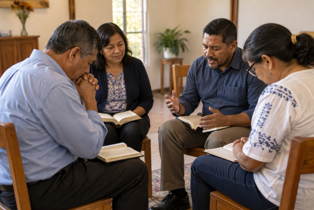 Pastores colombianos acompañándose en oración y conversación